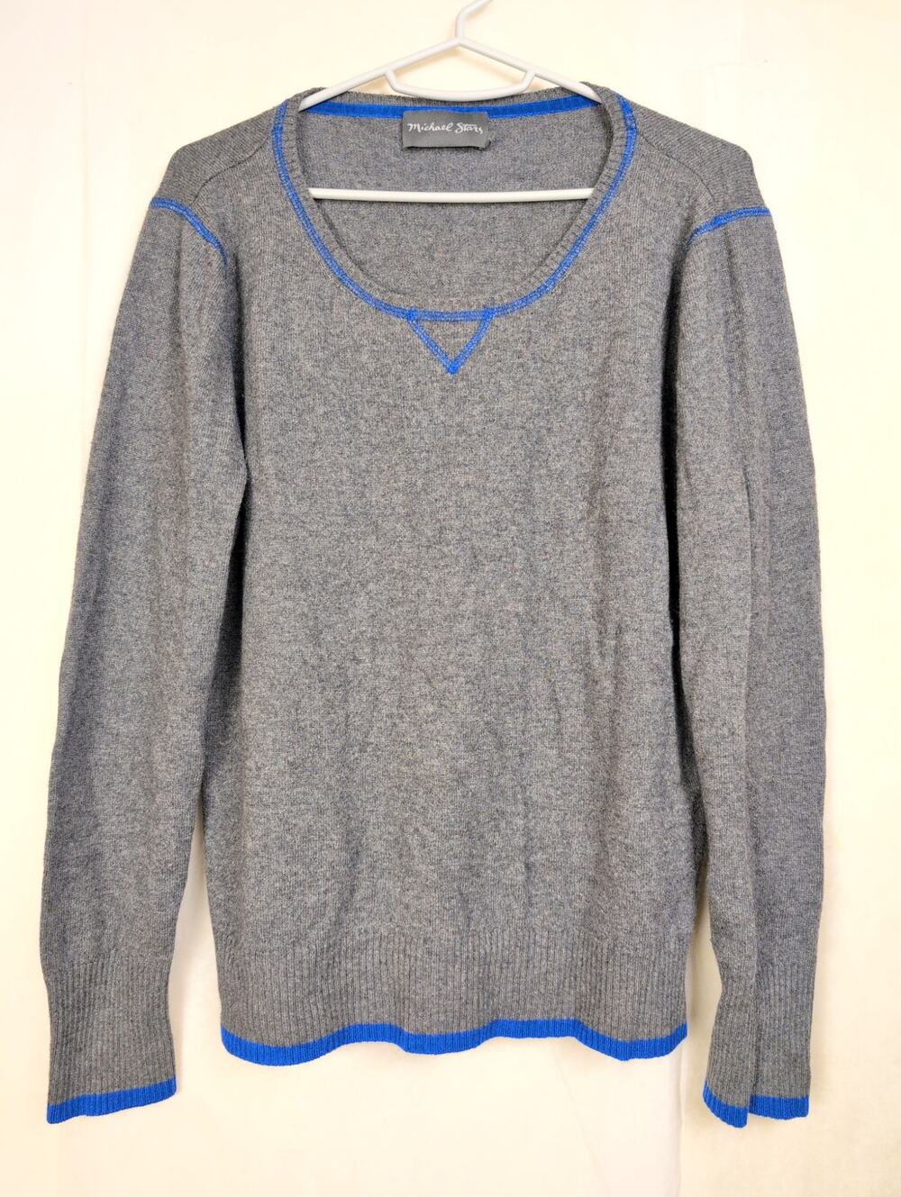 Michael Stars grey blue trim wool cashmere sweater Size 2 Preppy Retro Luxe